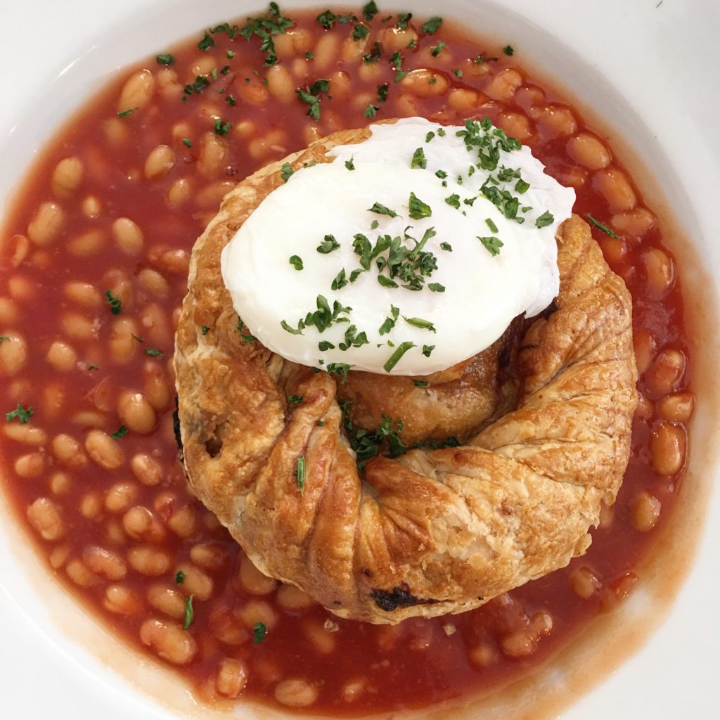 Baked beans with meatloaf pastry at Tiny Tim's Tearoom