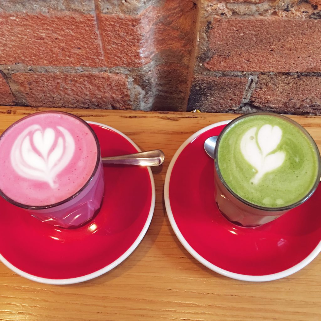 Beetroot latte and matcha latte at the Holborn Grind