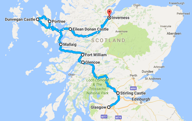A map of our Scottish Highlands road trip