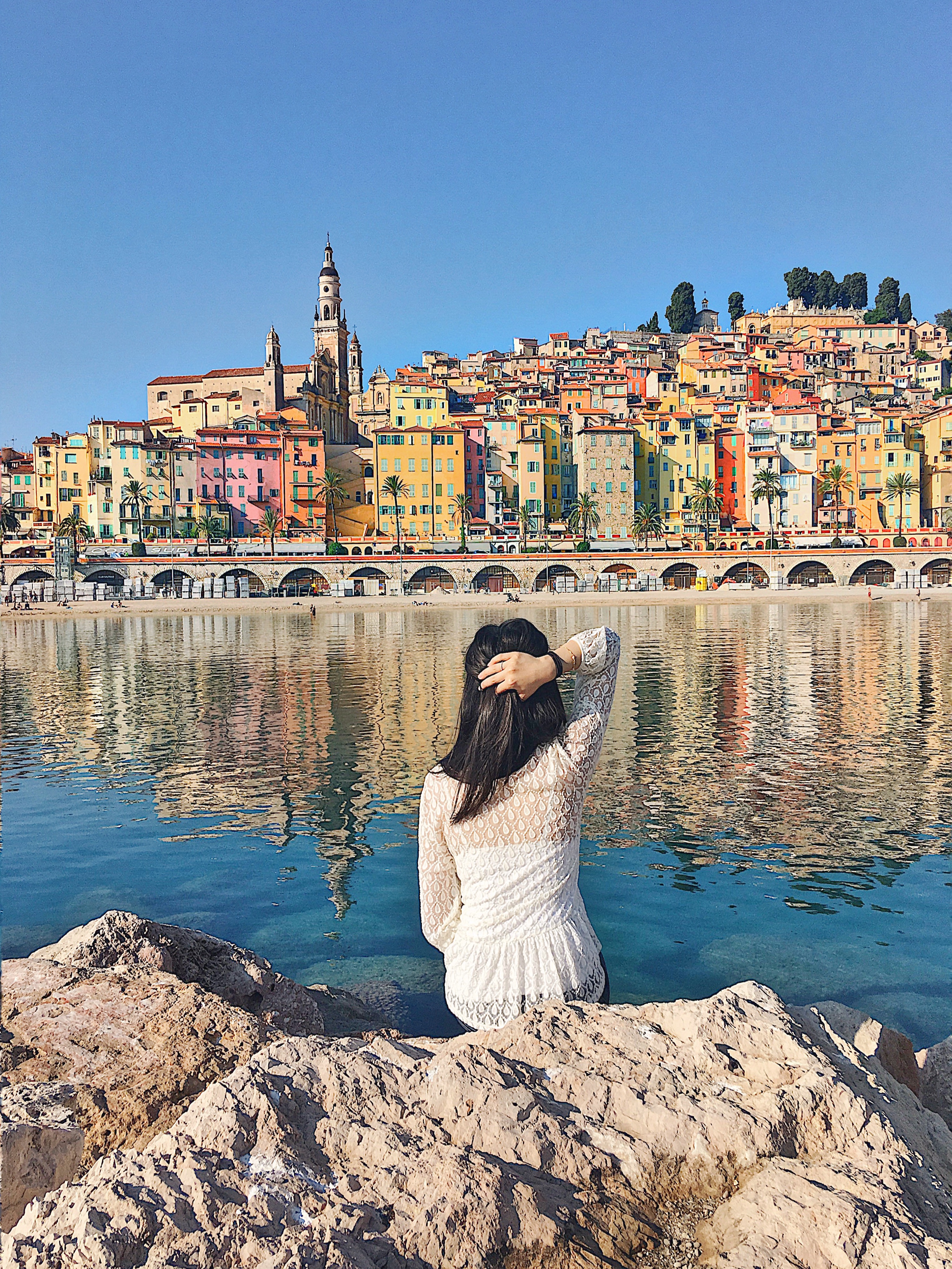 Views of pastel colored homes in Menton
