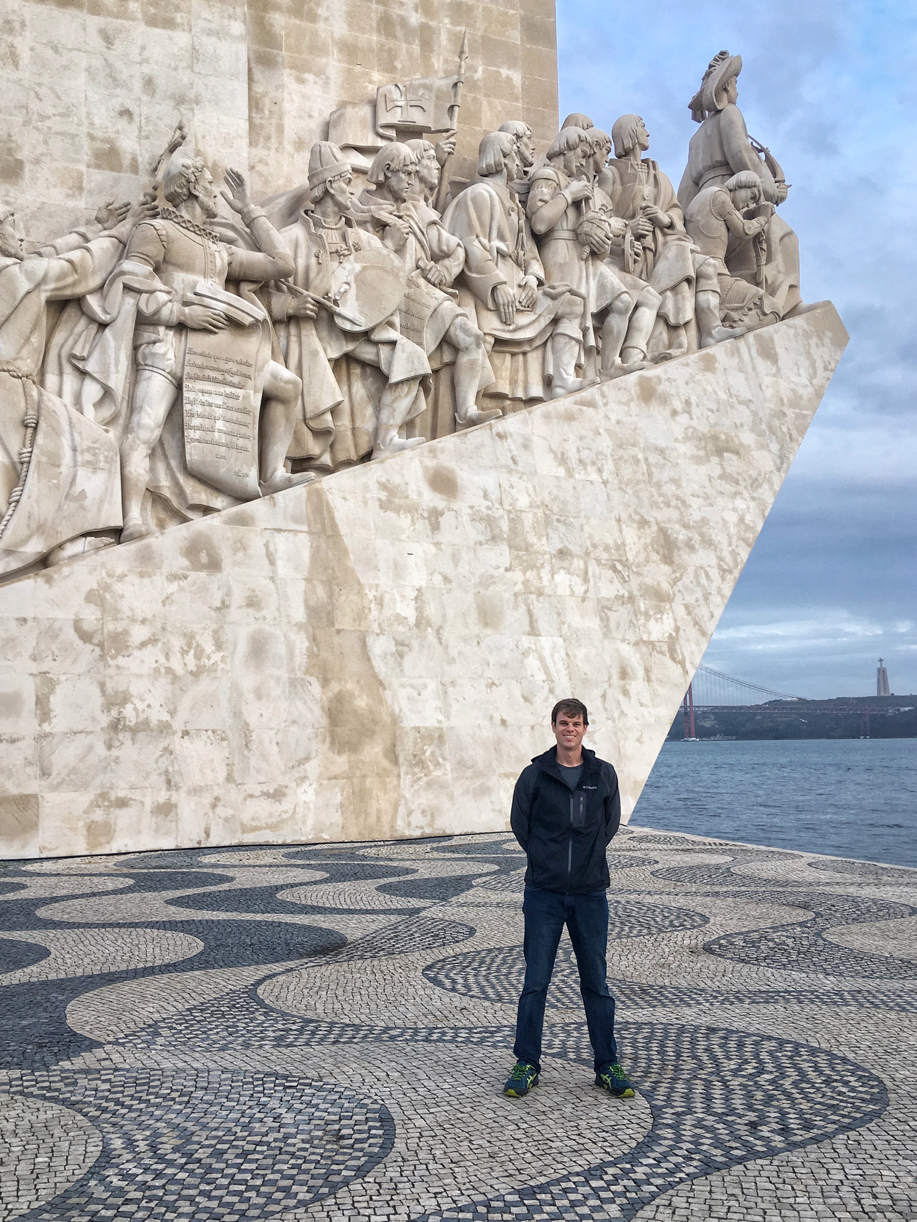 Kevin in front of the Padrão dos Descobrimentos sculpture in Lisbon